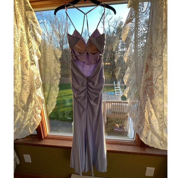 La Femme Strappy Back Ruched Trumpet Gown in Periwinkle - Picture 5 of 11